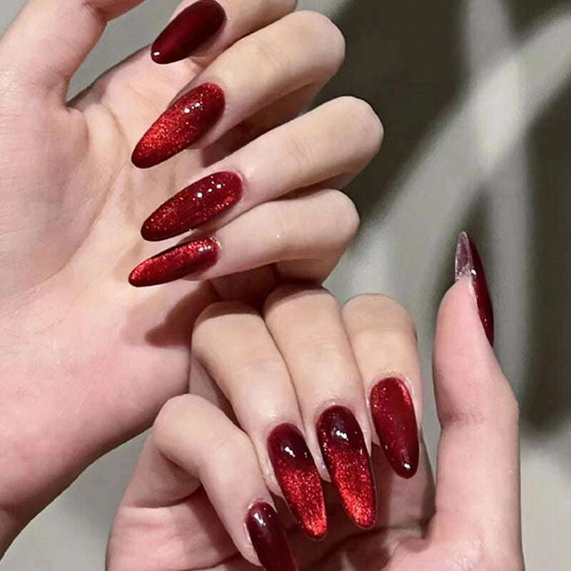 Sparkling Red Cat Eye Solid Color Fake Nail Halloween Fashion Detachable Finished False Nails Press on Nails with Glue Wholesale - KIMLUD