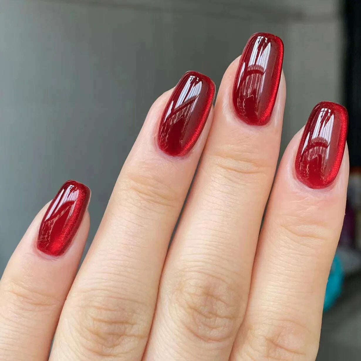 Sparkling Red Cat Eye Solid Color Fake Nail Halloween Fashion Detachable Finished False Nails Press on Nails with Glue Wholesale - KIMLUD