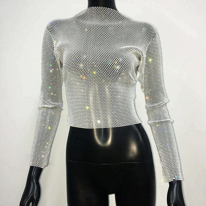 KIMLUD, Sparkly Diamond Fishnet Women's Shirts Long Sleeve O Neck Mesh Sheer Y2K Crop Tops Crystal Rhinestone Sexy Club Party T-Shirt, White / One Size, KIMLUD Womens Clothes