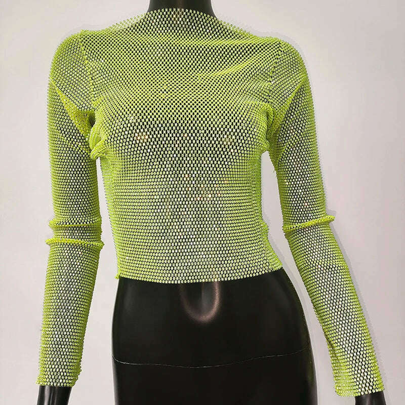 KIMLUD, Sparkly Diamond Fishnet Women's Shirts Long Sleeve O Neck Mesh Sheer Y2K Crop Tops Crystal Rhinestone Sexy Club Party T-Shirt, Green / One Size, KIMLUD Women's Clothes