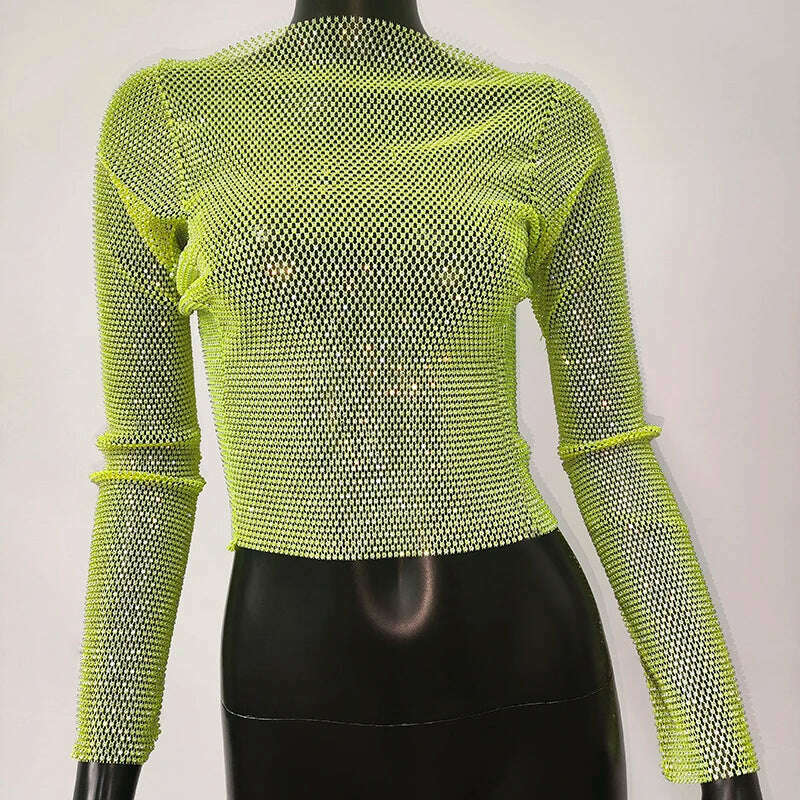 KIMLUD, Sparkly Diamond Fishnet Women's Shirts Long Sleeve O Neck Mesh Sheer Y2K Crop Tops Crystal Rhinestone Sexy Club Party T-Shirt, Green / One Size, KIMLUD Womens Clothes