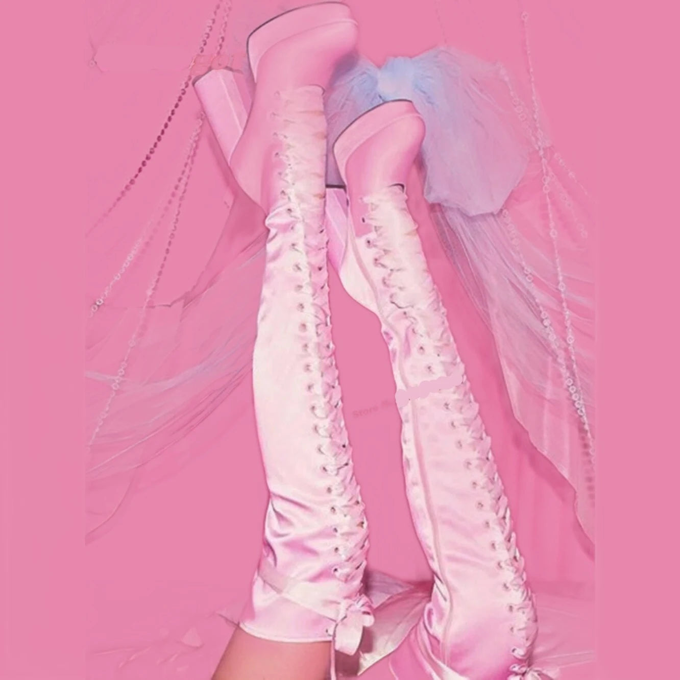 Spicy Girls Platform Sandal Boots Pink Satin Round Toe Chunky Heels Lace Up Cross-Tied Women's Shoes Over-The-Knee Boots Sexy - KIMLUD