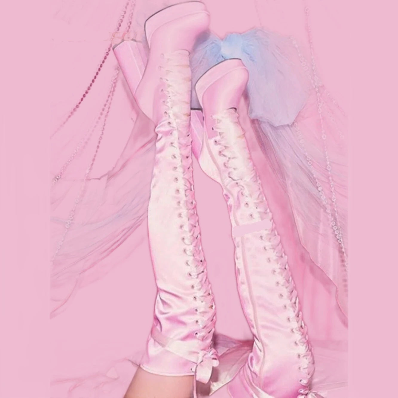 Spicy Girls Platform Sandal Boots Pink Satin Round Toe Chunky Heels Lace Up Cross-Tied Women's Shoes Over-The-Knee Boots Sexy - KIMLUD