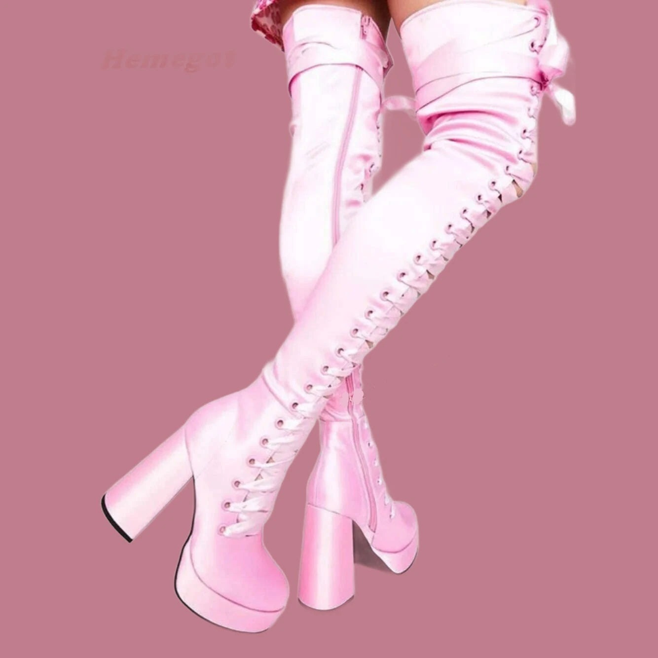 Spicy Girls Platform Sandal Boots Pink Satin Round Toe Chunky Heels Lace Up Cross-Tied Women's Shoes Over-The-Knee Boots Sexy - KIMLUD