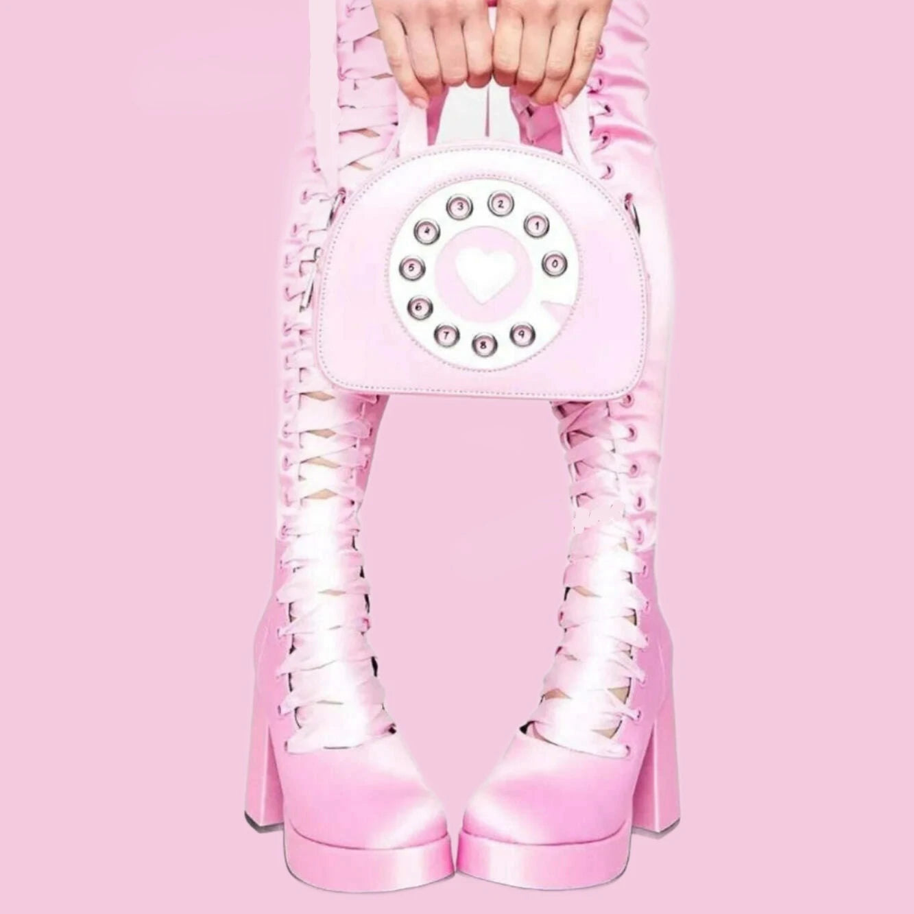 Spicy Girls Platform Sandal Boots Pink Satin Round Toe Chunky Heels Lace Up Cross-Tied Women's Shoes Over-The-Knee Boots Sexy - KIMLUD