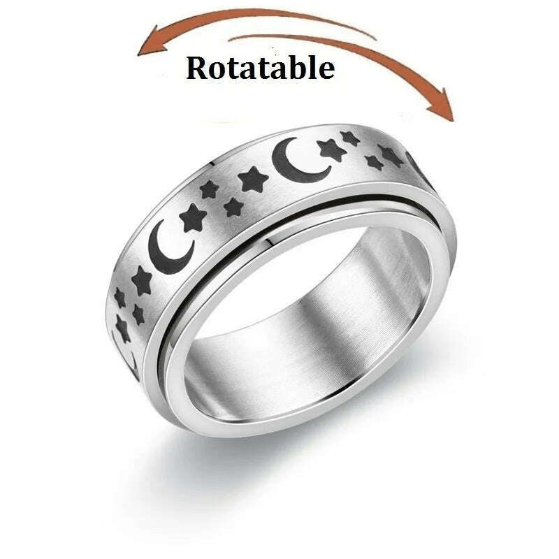 KIMLUD, Spinning Anxiety Relaxing Ring With Star And Moon For Women Stainless Steel Rotate Freely Fidget Spinner Rings Bohemia Jewelry, ring-1213 / 9, KIMLUD Women's Clothes