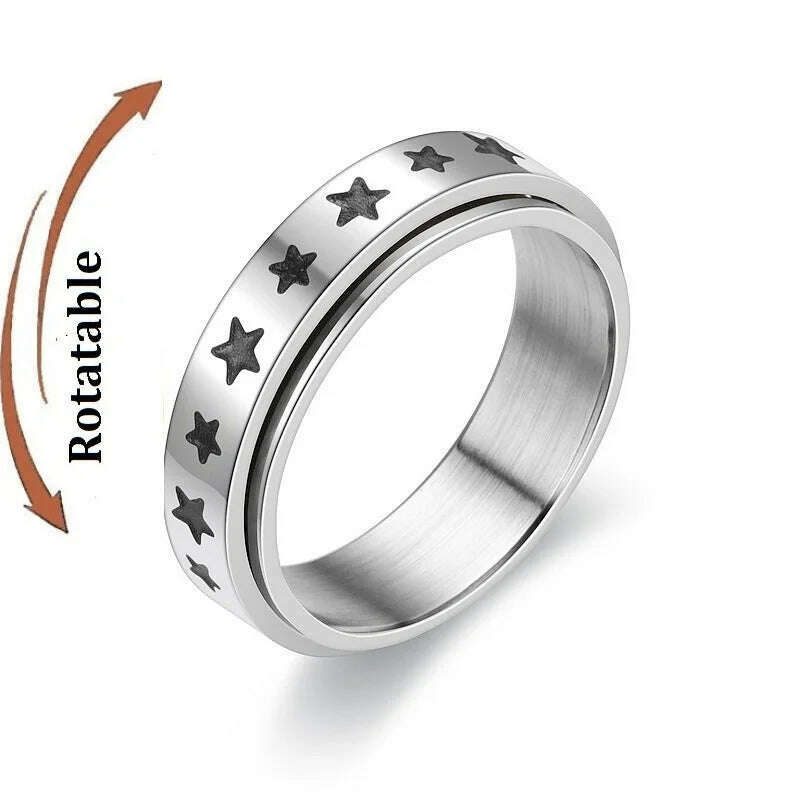 KIMLUD, Spinning Anxiety Relaxing Ring With Star And Moon For Women Stainless Steel Rotate Freely Fidget Spinner Rings Bohemia Jewelry, ring-1231 / 9, KIMLUD Women's Clothes