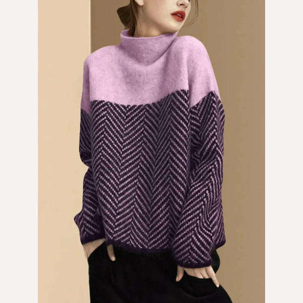KIMLUD, Spliced Half High Collar Loose Pullovers Soft Warm Sweater Womens Autumn Thick Pulls Casual Striped Knitted Tops Vintage Jumpers, purple / S 35-40kg, KIMLUD Women's Clothes