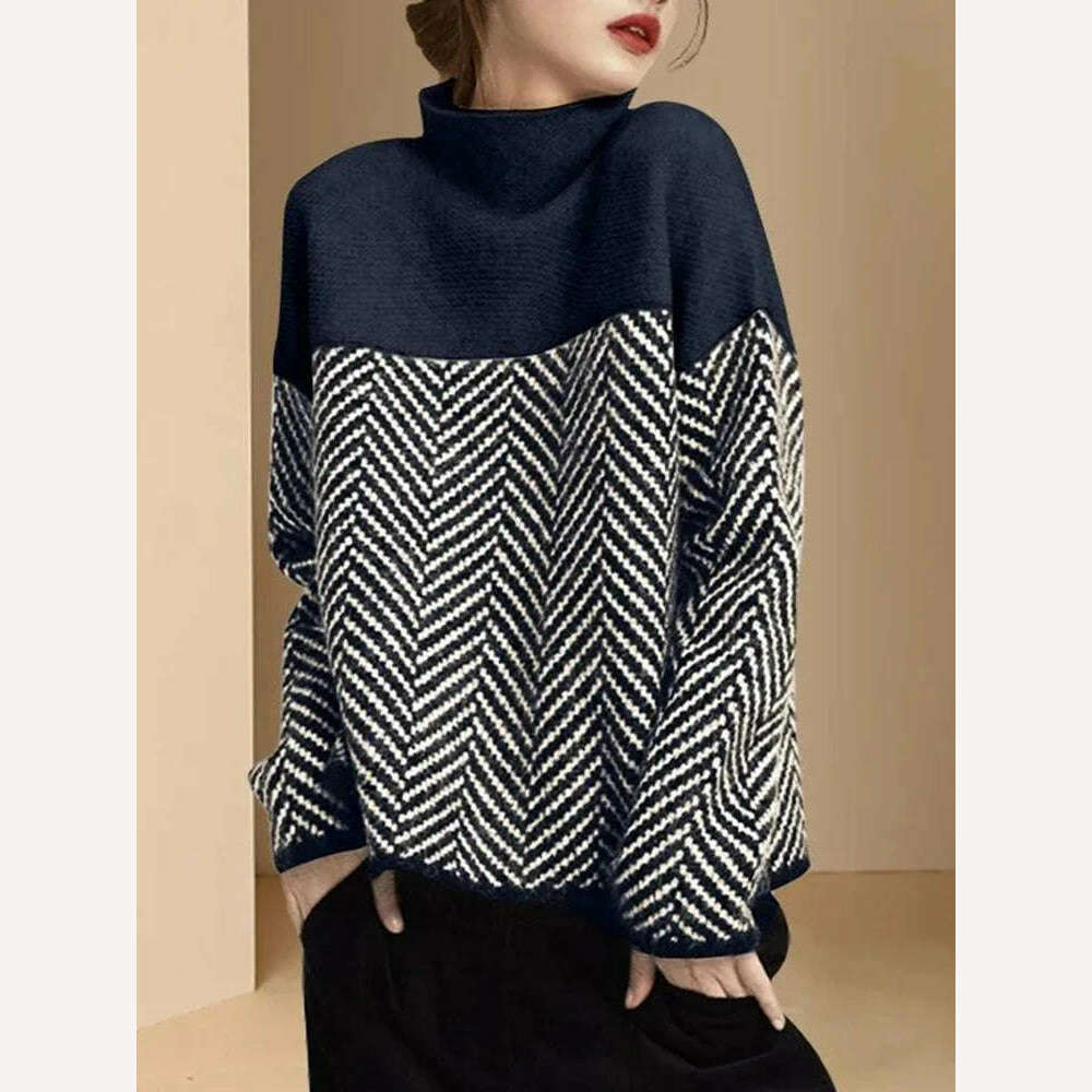 KIMLUD, Spliced Half High Collar Loose Pullovers Soft Warm Sweater Womens Autumn Thick Pulls Casual Striped Knitted Tops Vintage Jumpers, dark blue / S 35-40kg, KIMLUD Women's Clothes