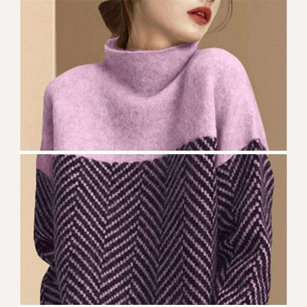 KIMLUD, Spliced Half High Collar Loose Pullovers Soft Warm Sweater Womens Autumn Thick Pulls Casual Striped Knitted Tops Vintage Jumpers, KIMLUD Women's Clothes