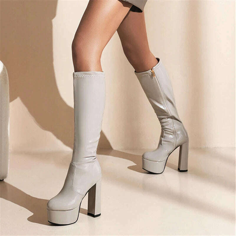 KIMLUD, Splicing Patent Leather Round Toe Chunky Platform Women Boot Solid Color Super High Heel Side Zipper Outdoor Straight Knee Boots, KIMLUD Womens Clothes