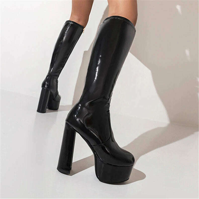 KIMLUD, Splicing Patent Leather Round Toe Chunky Platform Women Boot Solid Color Super High Heel Side Zipper Outdoor Straight Knee Boots, KIMLUD Womens Clothes