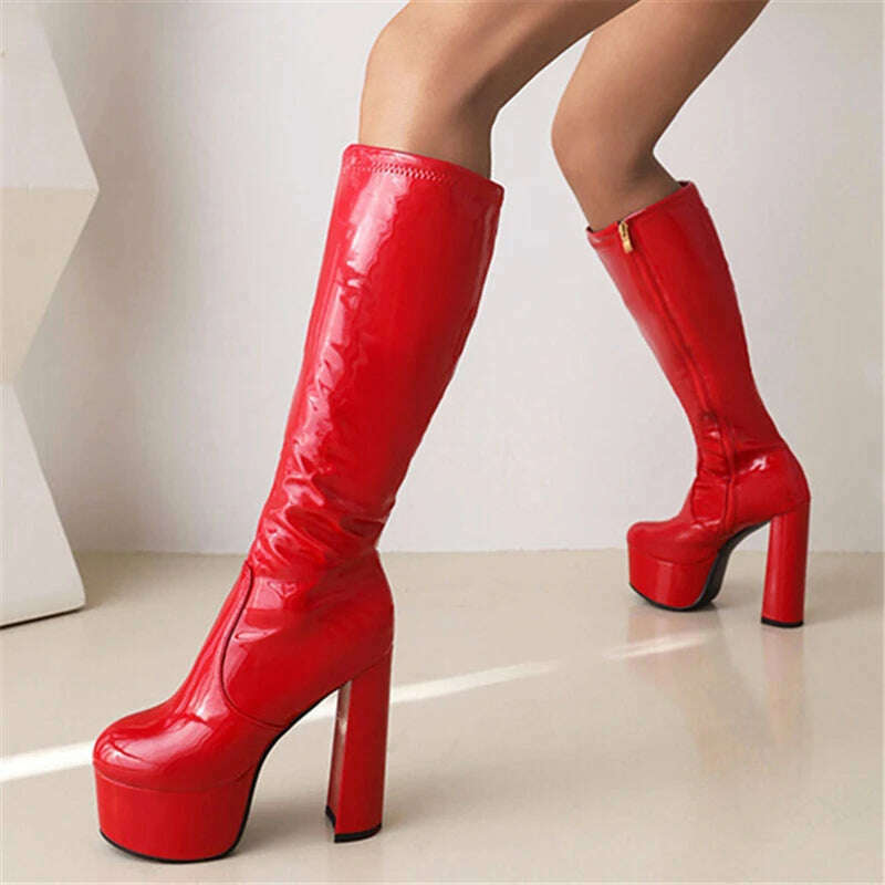 KIMLUD, Splicing Patent Leather Round Toe Chunky Platform Women Boot Solid Color Super High Heel Side Zipper Outdoor Straight Knee Boots, KIMLUD Womens Clothes