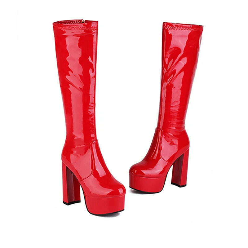 KIMLUD, Splicing Patent Leather Round Toe Chunky Platform Women Boot Solid Color Super High Heel Side Zipper Outdoor Straight Knee Boots, Red / 34 / CHINA, KIMLUD Womens Clothes