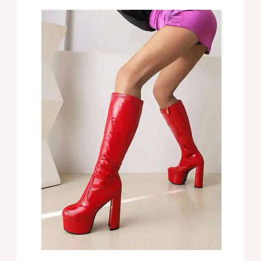 KIMLUD, Splicing Patent Leather Round Toe Chunky Platform Women Boot Solid Color Super High Heel Side Zipper Outdoor Straight Knee Boots, KIMLUD Womens Clothes