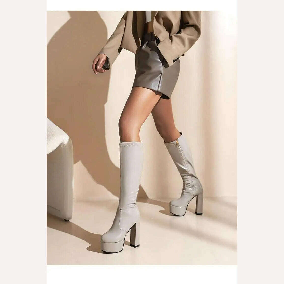 KIMLUD, Splicing Patent Leather Round Toe Chunky Platform Women Boot Solid Color Super High Heel Side Zipper Outdoor Straight Knee Boots, KIMLUD Womens Clothes