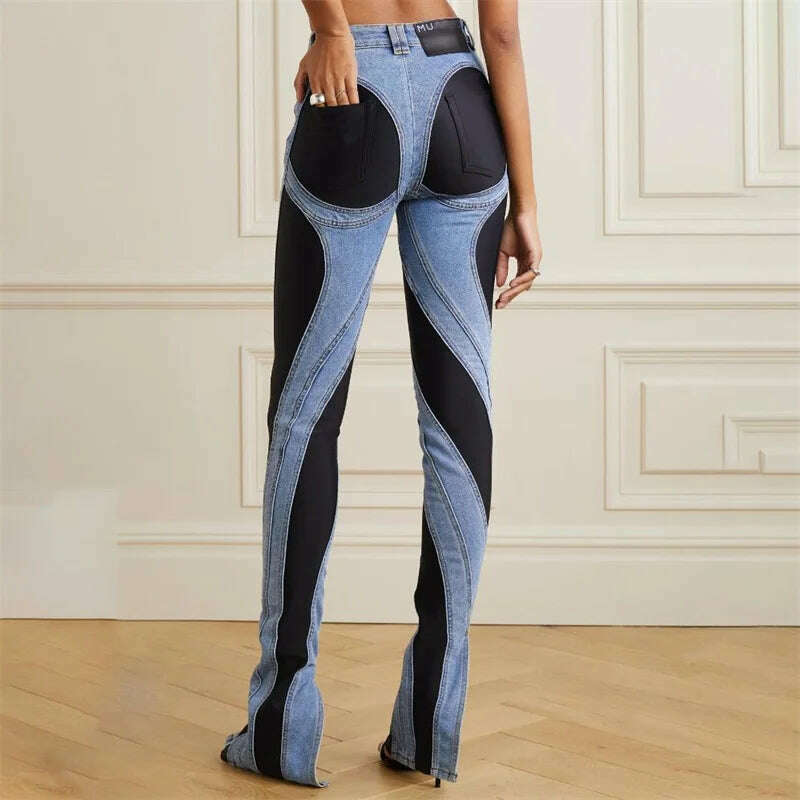 KIMLUD, Spring 2023 New in Women's Jeans Korean Fashion Denim Contrast Panel Women's Pants High Quality Cotton Pencil Pants y2k Trousers, KIMLUD Womens Clothes