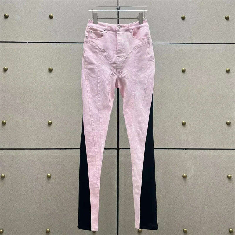KIMLUD, Spring 2023 New in Women&#39;s Jeans Korean Fashion Denim Contrast Panel Women&#39;s Pants High Quality Cotton Pencil Pants y2k Trousers, Pink / S, KIMLUD Women's Clothes