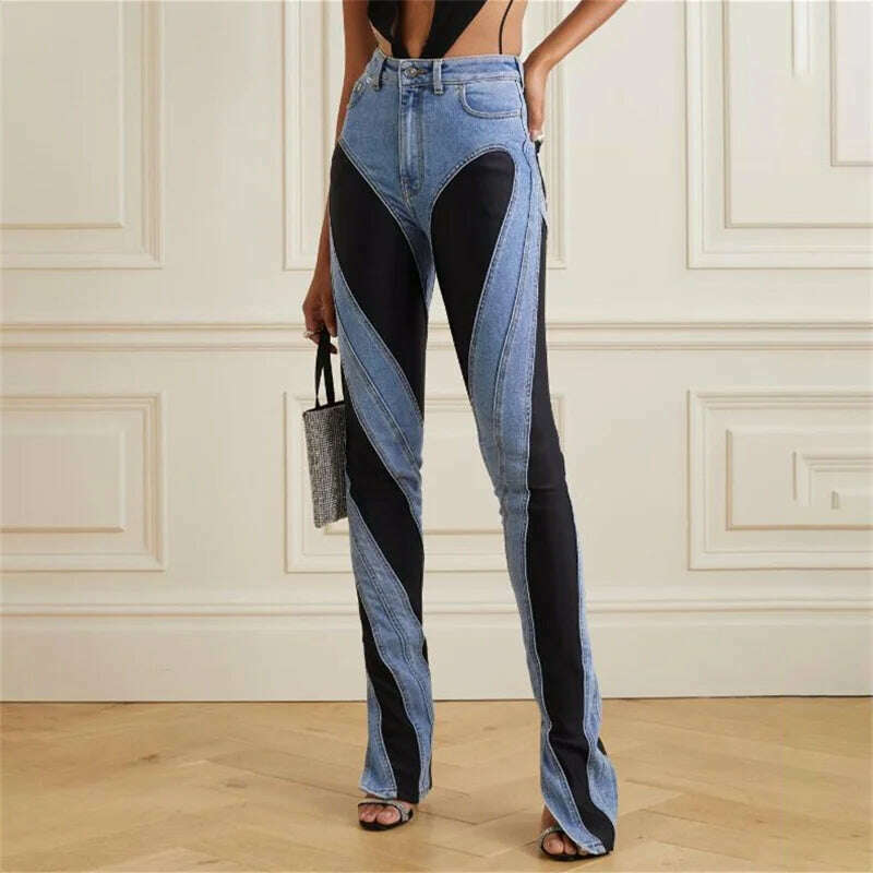 KIMLUD, Spring 2023 New in Women's Jeans Korean Fashion Denim Contrast Panel Women's Pants High Quality Cotton Pencil Pants y2k Trousers, Style 1 / S, KIMLUD APPAREL - Womens Clothes