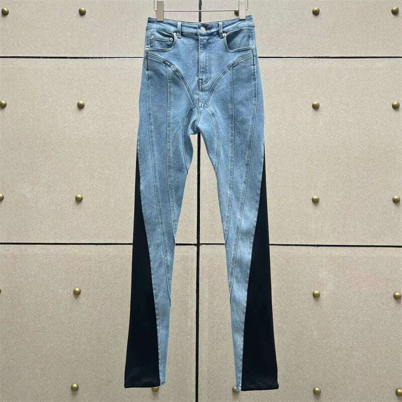 KIMLUD, Spring 2023 New in Women's Jeans Korean Fashion Denim Contrast Panel Women's Pants High Quality Cotton Pencil Pants y2k Trousers, KIMLUD Womens Clothes