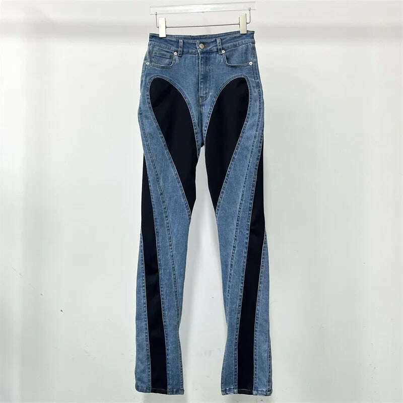 KIMLUD, Spring 2023 New in Women's Jeans Korean Fashion Denim Contrast Panel Women's Pants High Quality Cotton Pencil Pants y2k Trousers, KIMLUD Womens Clothes