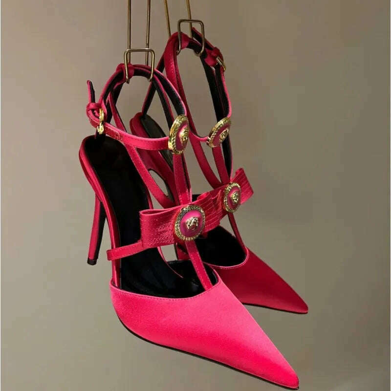 KIMLUD, Spring 2024 Baotou Thin High Heel Bow Sexy Sandals/Metal Decoration/Cross Buckle/Pointed Orange Yellow Crimson Banquet Shoes, Magenta / 39, KIMLUD Womens Clothes