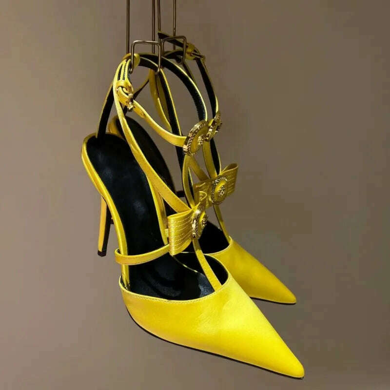 KIMLUD, Spring 2024 Baotou Thin High Heel Bow Sexy Sandals/Metal Decoration/Cross Buckle/Pointed Orange Yellow Crimson Banquet Shoes, Yellow / 34, KIMLUD Womens Clothes