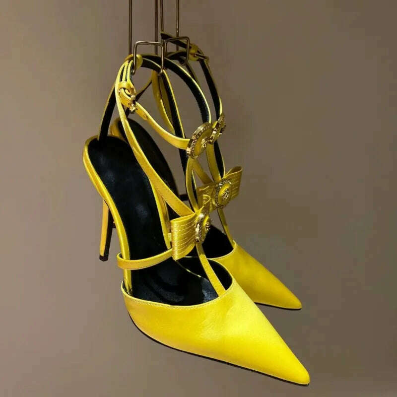 KIMLUD, Spring 2024 Baotou Thin High Heel Bow Sexy Sandals/Metal Decoration/Cross Buckle/Pointed Orange Yellow Crimson Banquet Shoes, Yellow / 34, KIMLUD APPAREL - Womens Clothes