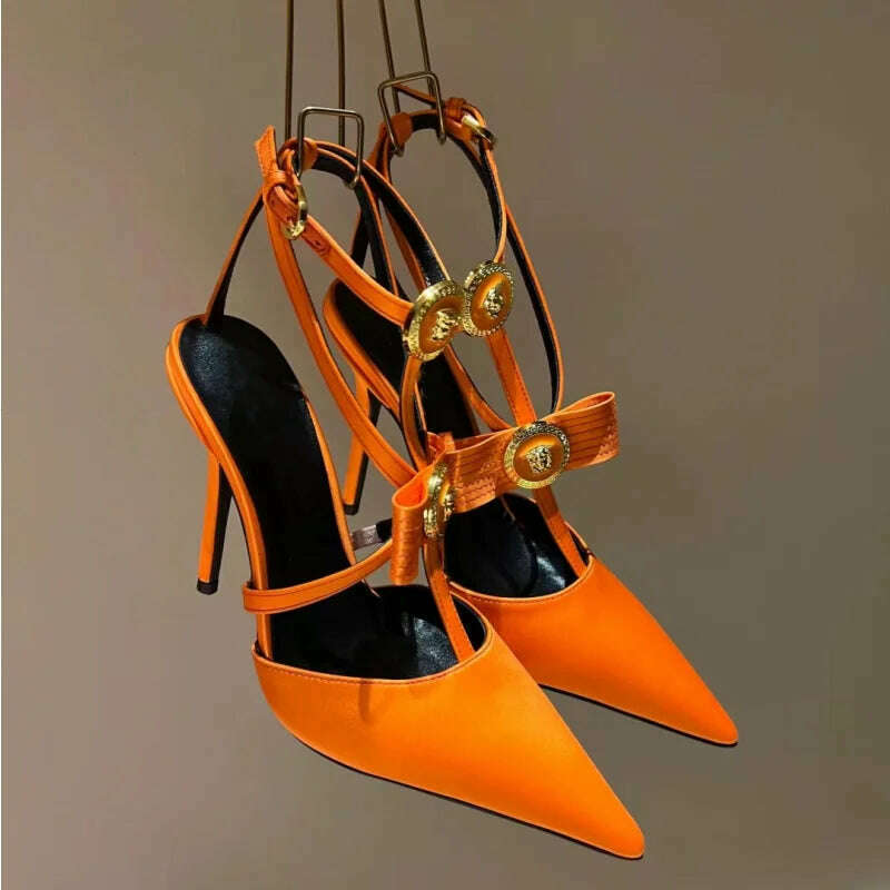 KIMLUD, Spring 2024 Baotou Thin High Heel Bow Sexy Sandals/Metal Decoration/Cross Buckle/Pointed Orange Yellow Crimson Banquet Shoes, Orange / 34, KIMLUD Womens Clothes
