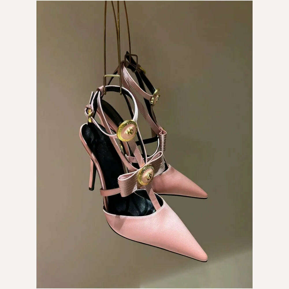 KIMLUD, Spring 2024 Baotou Thin High Heel Bow Sexy Sandals/Metal Decoration/Cross Buckle/Pointed Orange Yellow Crimson Banquet Shoes, Pink / 34, KIMLUD APPAREL - Womens Clothes