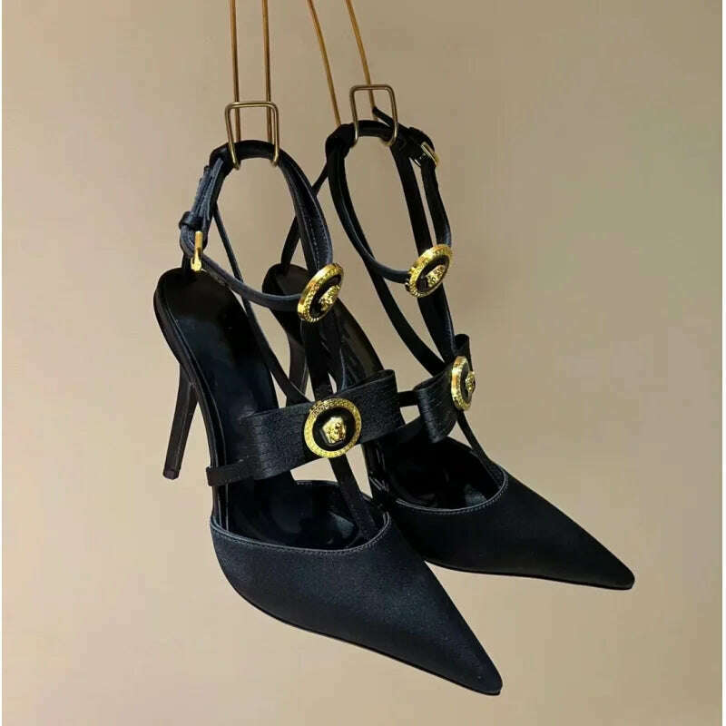 KIMLUD, Spring 2024 Baotou Thin High Heel Bow Sexy Sandals/Metal Decoration/Cross Buckle/Pointed Orange Yellow Crimson Banquet Shoes, Black / 34, KIMLUD APPAREL - Womens Clothes