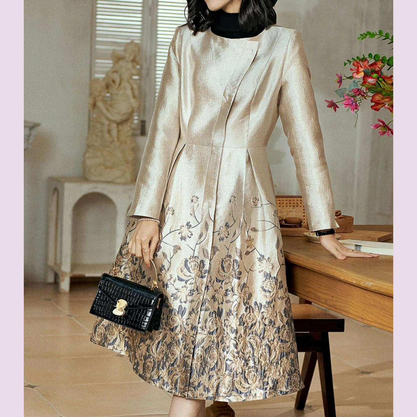 KIMLUD, Spring and Autumn New Light Luxury Jacquard Embroidered Retro Windbreaker Mid Length Small Fragrant Wind Dress for Women, Silver / Custom size, KIMLUD APPAREL - Womens Clothes