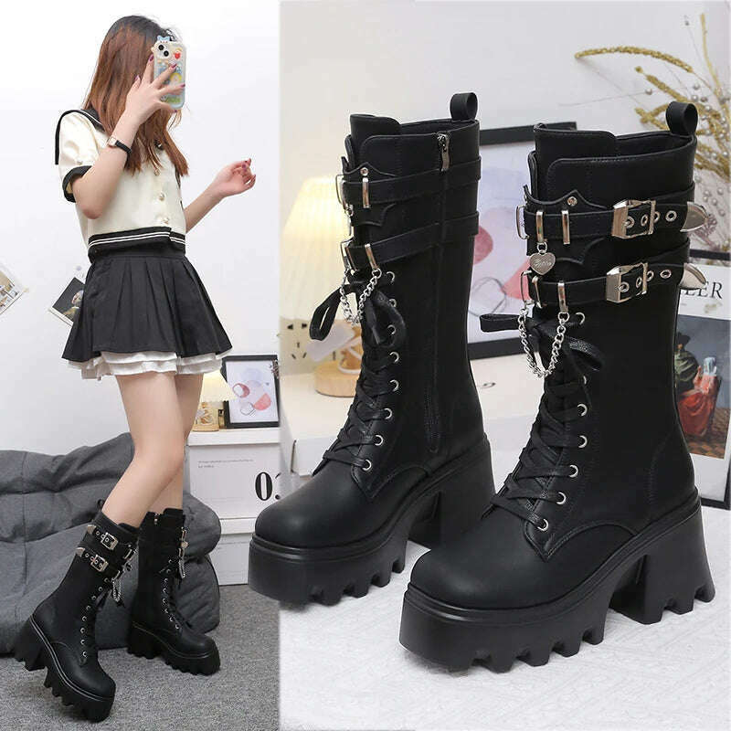 KIMLUD, Spring and autumn new thick sole high heel large size short leg women's single boots,Tall and thin fashion,Side zipper, KIMLUD Womens Clothes