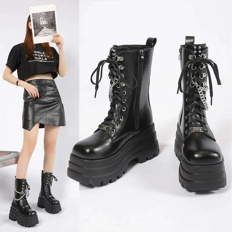 KIMLUD, Spring and autumn new thick sole high heel large size short leg women's single boots,Tall and thin fashion,Side zipper, Black chain 2 / 35, KIMLUD APPAREL - Womens Clothes