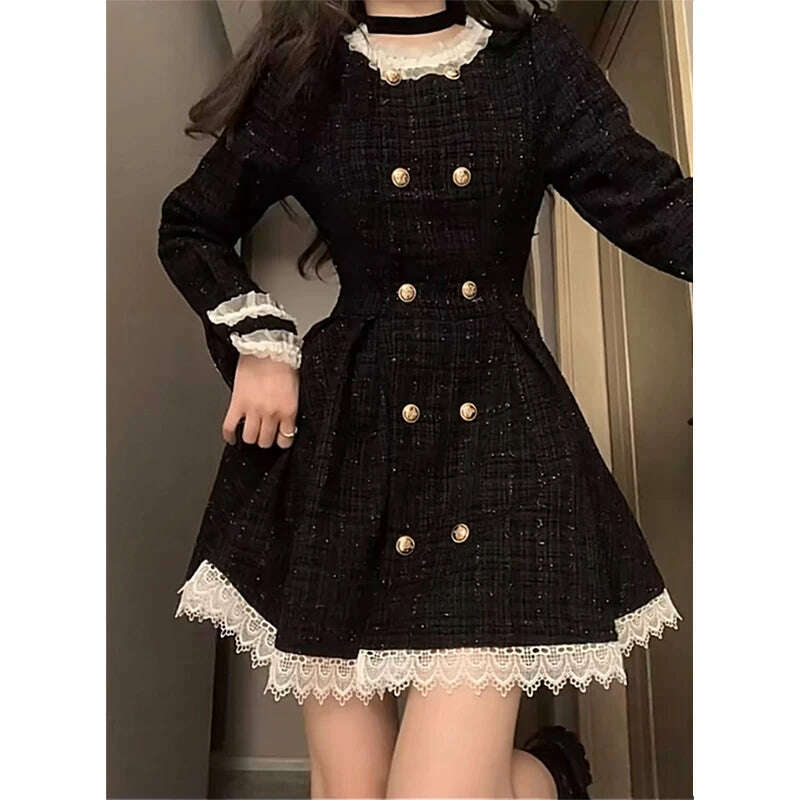 KIMLUD, Spring Autumn Dresses Women Hepburn Style Black Sweet Cool Little Fragrant Court Vintage Ruffle Rib Duffel Princess Dress Female, black / S / CHINA, KIMLUD Womens Clothes