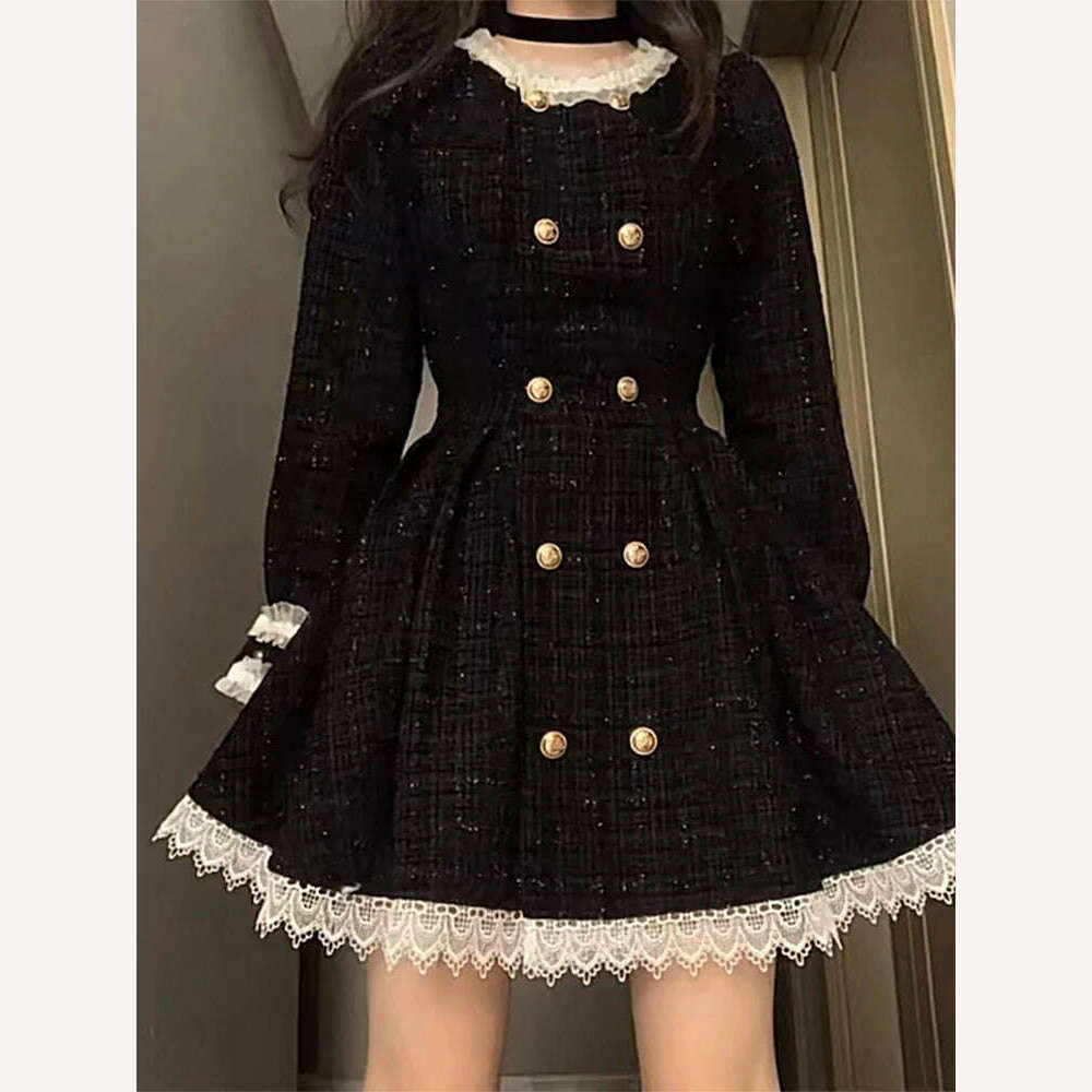 KIMLUD, Spring Autumn Dresses Women Hepburn Style Black Sweet Cool Little Fragrant Court Vintage Ruffle Rib Duffel Princess Dress Female, KIMLUD Womens Clothes