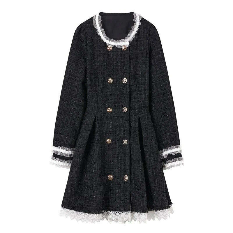 KIMLUD, Spring Autumn Dresses Women Hepburn Style Black Sweet Cool Little Fragrant Court Vintage Ruffle Rib Duffel Princess Dress Female, KIMLUD Womens Clothes