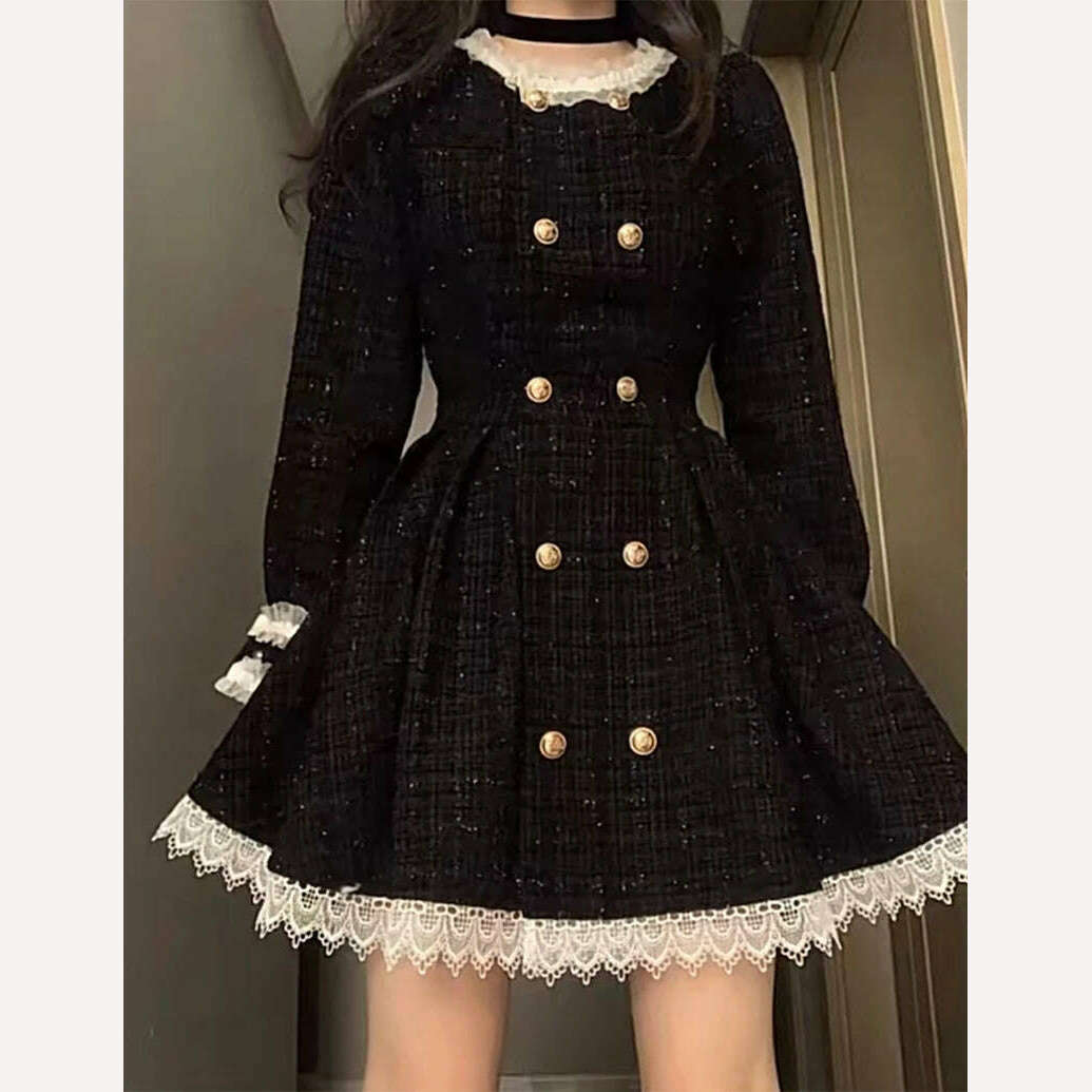 KIMLUD, Spring Autumn Dresses Women Hepburn Style Black Sweet Cool Little Fragrant Court Vintage Ruffle Rib Duffel Princess Dress Female, KIMLUD Womens Clothes