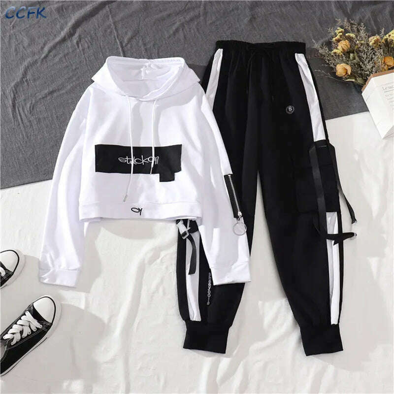 Spring Autumn Female Cargo Pants Sets Egirl Streetwear High Waist Joggers Women 2 Piece Set Long Sleeve Top with Trousers - KIMLUD