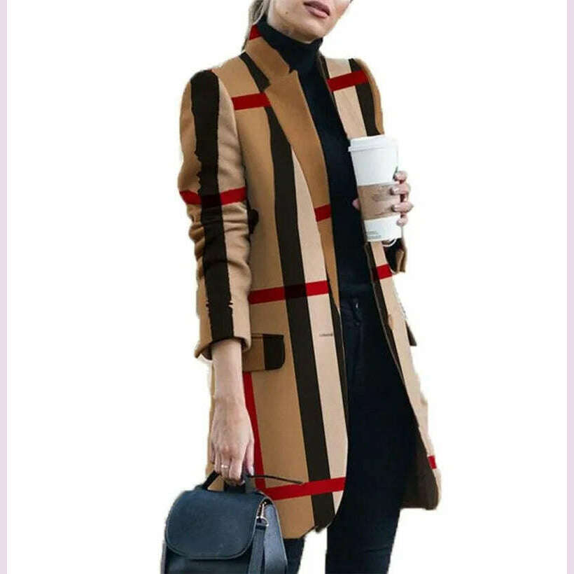 KIMLUD, Spring Autumn Hot Sale 12 Color S-5xl Size Check Coat Fashion Print Mock Neck Coat Top Street Trend Single Casual Girl Suit Coat, KIMLUD Womens Clothes