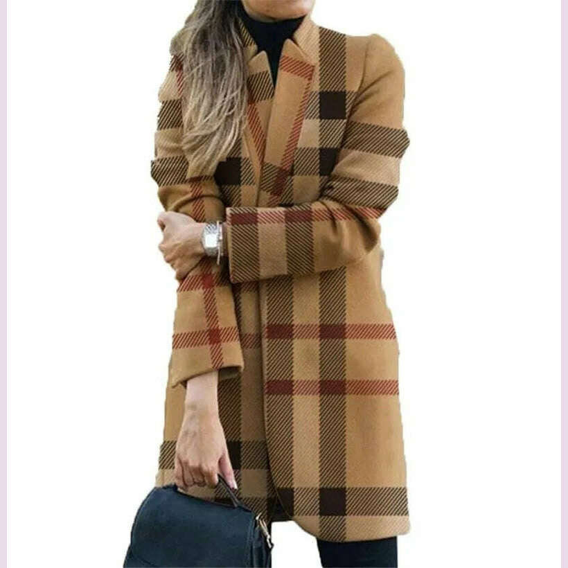 KIMLUD, Spring Autumn Hot Sale 12 Color S-5xl Size Check Coat Fashion Print Mock Neck Coat Top Street Trend Single Casual Girl Suit Coat, 3 / S, KIMLUD APPAREL - Womens Clothes