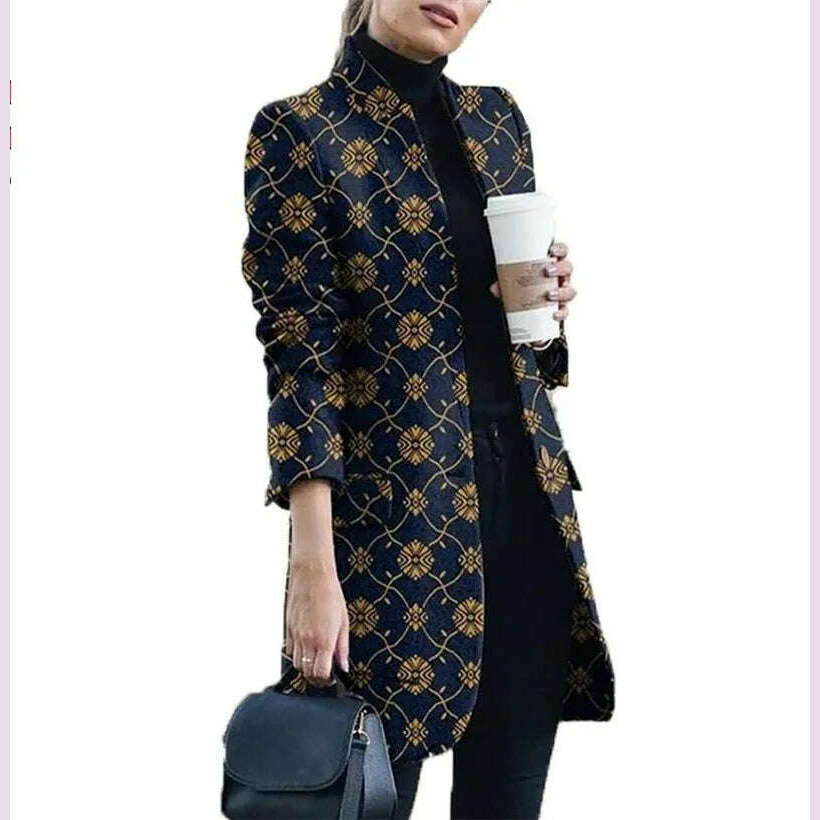 KIMLUD, Spring Autumn Hot Sale 12 Color S-5xl Size Check Coat Fashion Print Mock Neck Coat Top Street Trend Single Casual Girl Suit Coat, 6 / S, KIMLUD APPAREL - Womens Clothes