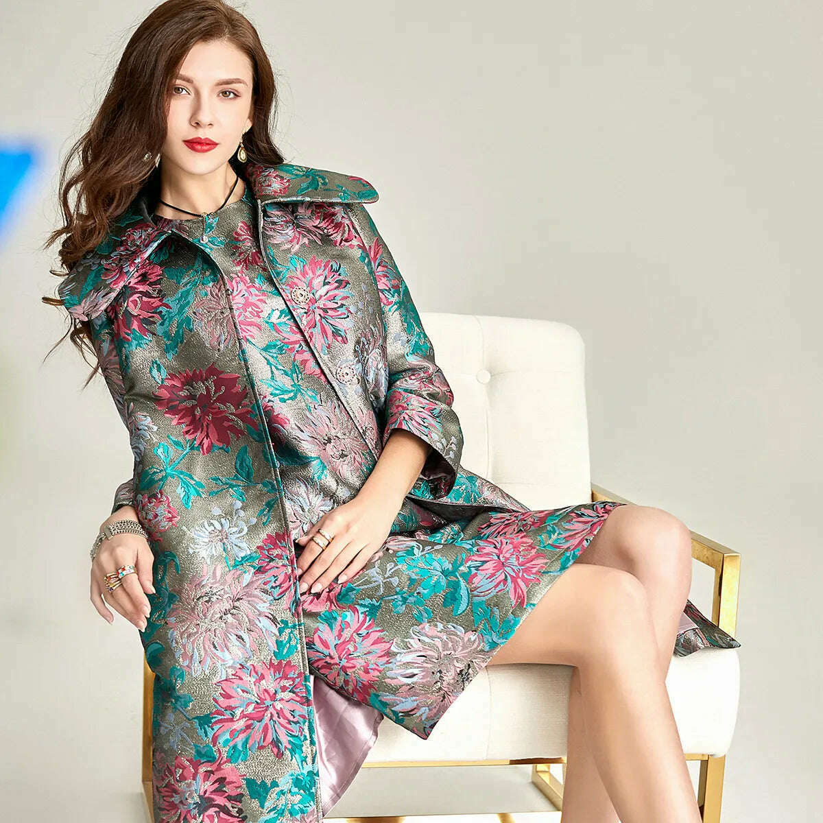 Spring Autumn Jacquard Coat for Women Long Sleeve Covered Button Fall Windbreaker Jackets Korean Coats Women Trench Luxury - KIMLUD