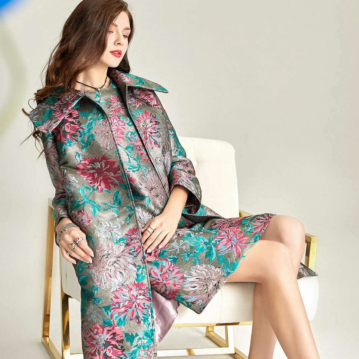 KIMLUD, Spring Autumn Jacquard Coat for Women Long Sleeve Covered Button Fall Windbreaker Jackets Korean Coats Women Trench Luxury, KIMLUD Women's Clothes