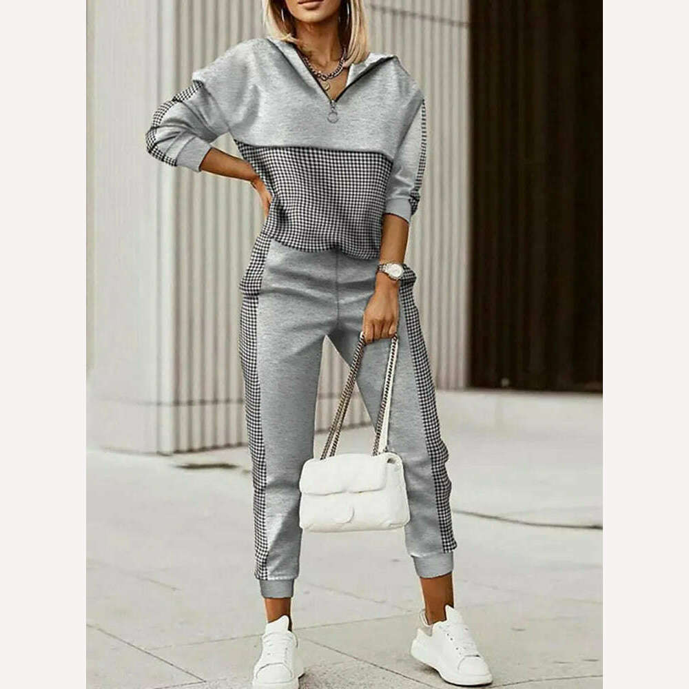 Spring Autumn Lady Casual Long Pants Suit Women Patchwork Zip Top Print Trousers Set Loose High Waist Pants Two Piece Set Outfit - KIMLUD
