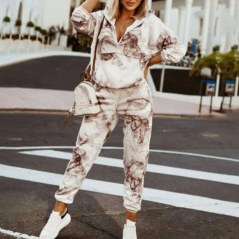 Spring Autumn Lady Casual Long Pants Suit Women Patchwork Zip Top Print Trousers Set Loose High Waist Pants Two Piece Set Outfit - KIMLUD