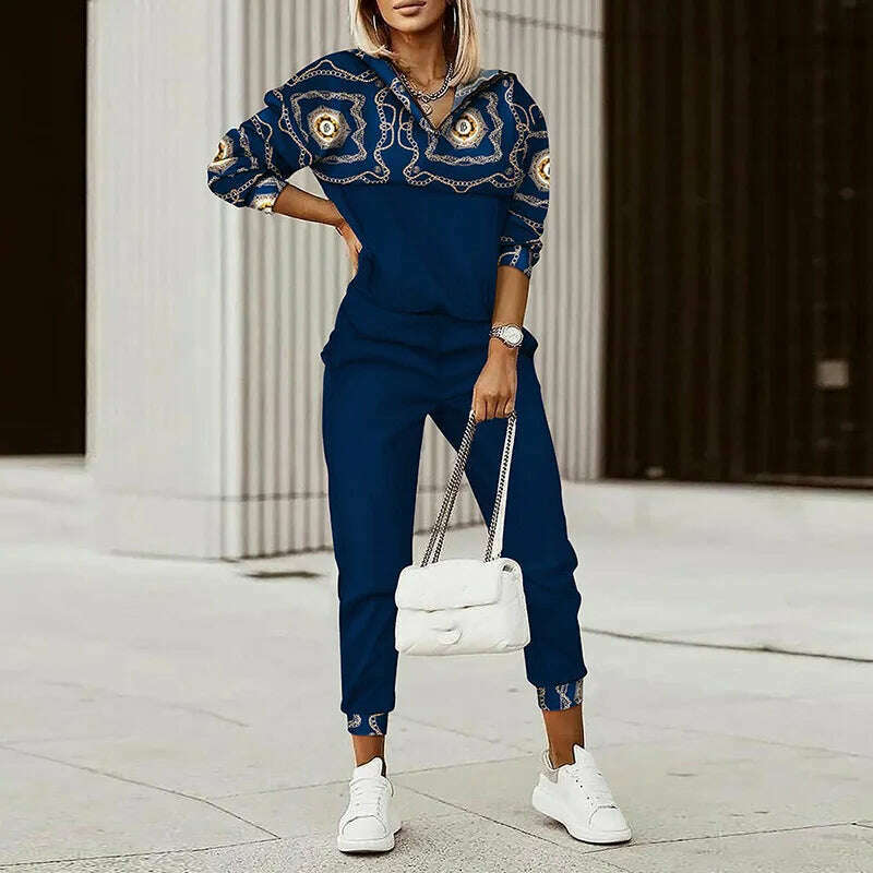 KIMLUD, Spring Autumn Lady Casual Long Pants Suit Women Patchwork Zip Top Print Trousers Set Loose High Waist Pants Two Piece Set Outfit, Blue Chain(Hooded) / S, KIMLUD Womens Clothes