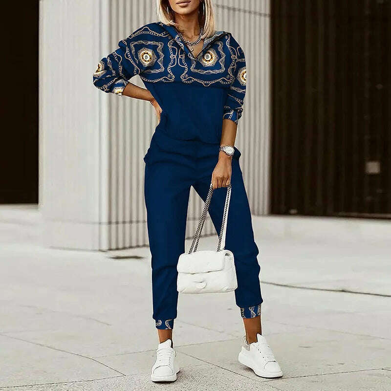 Spring Autumn Lady Casual Long Pants Suit Women Patchwork Zip Top Print Trousers Set Loose High Waist Pants Two Piece Set Outfit - KIMLUD