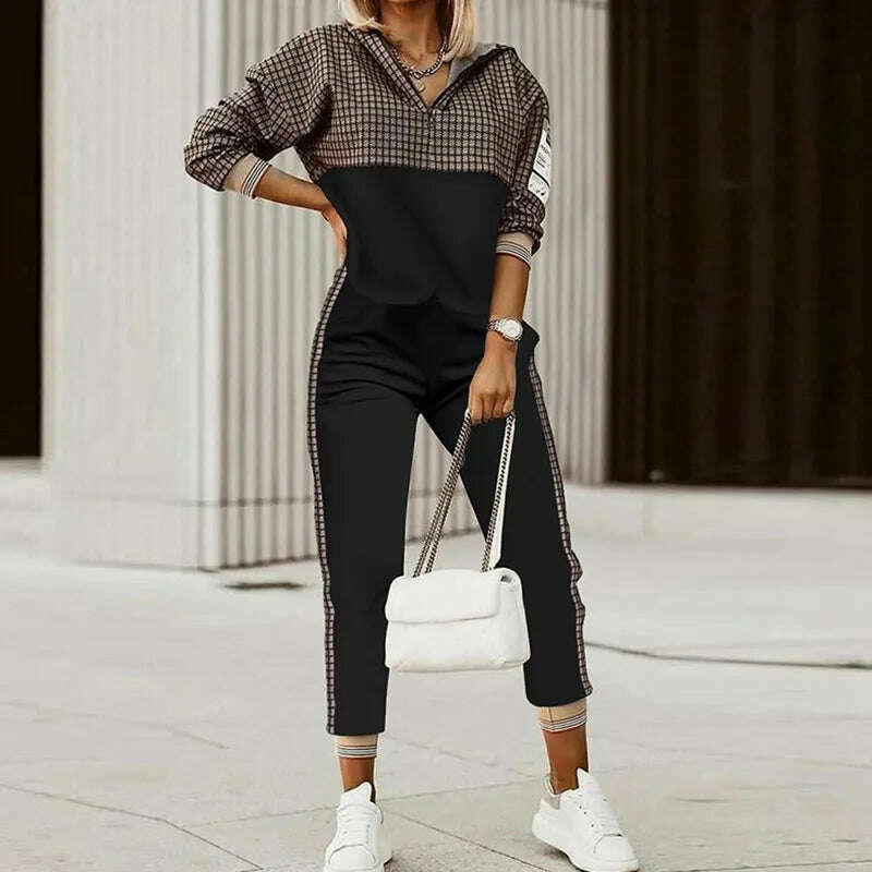 Spring Autumn Lady Casual Long Pants Suit Women Patchwork Zip Top Print Trousers Set Loose High Waist Pants Two Piece Set Outfit - KIMLUD