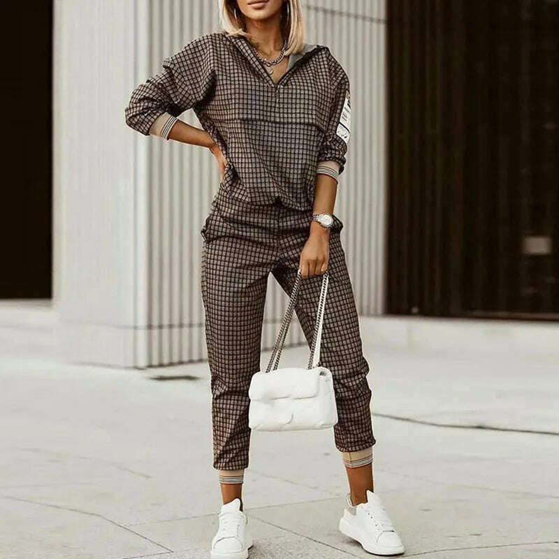 Spring Autumn Lady Casual Long Pants Suit Women Patchwork Zip Top Print Trousers Set Loose High Waist Pants Two Piece Set Outfit - KIMLUD